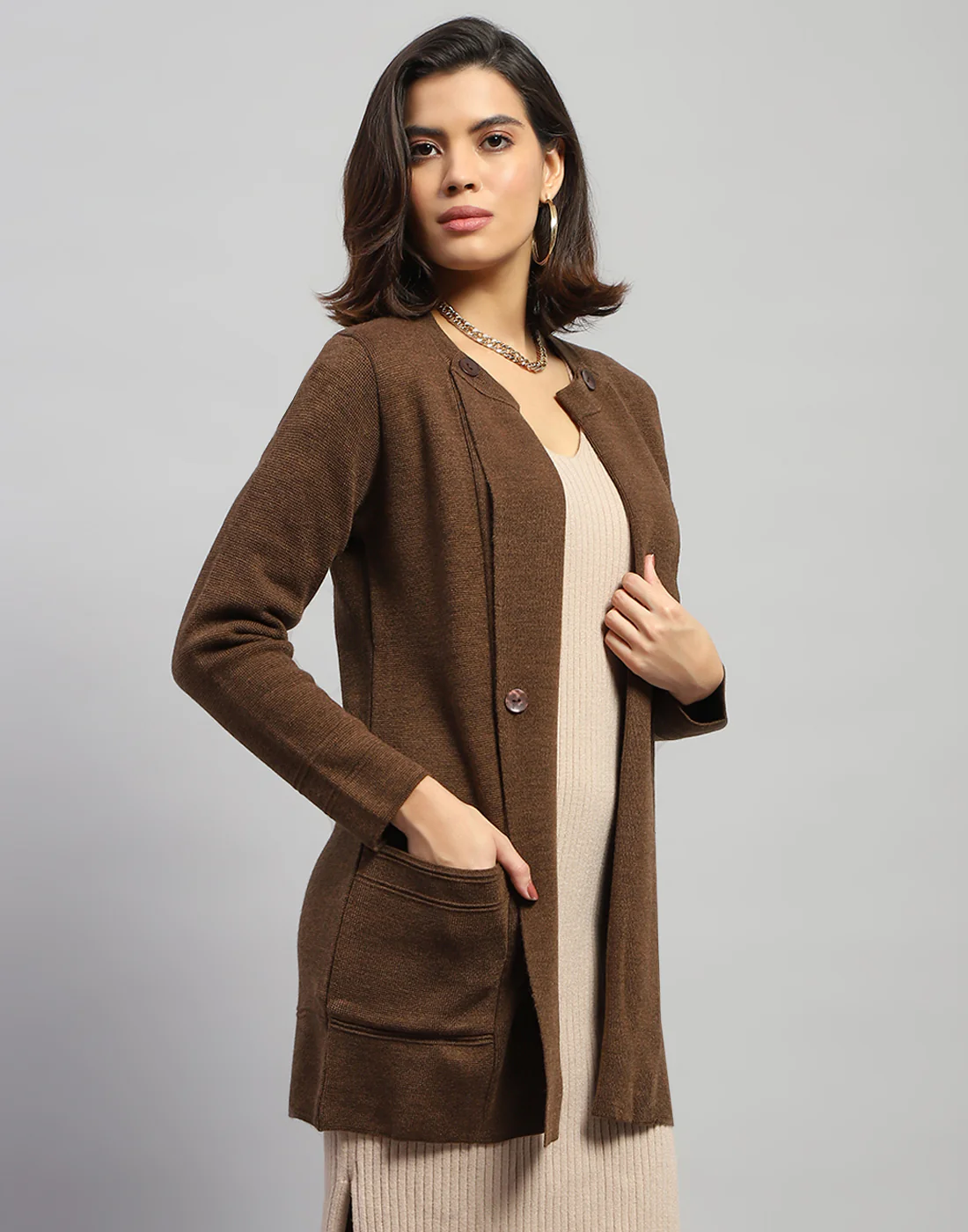 Women Brown Self Design Round Neck Full Sleeve Cardigan - Image 4
