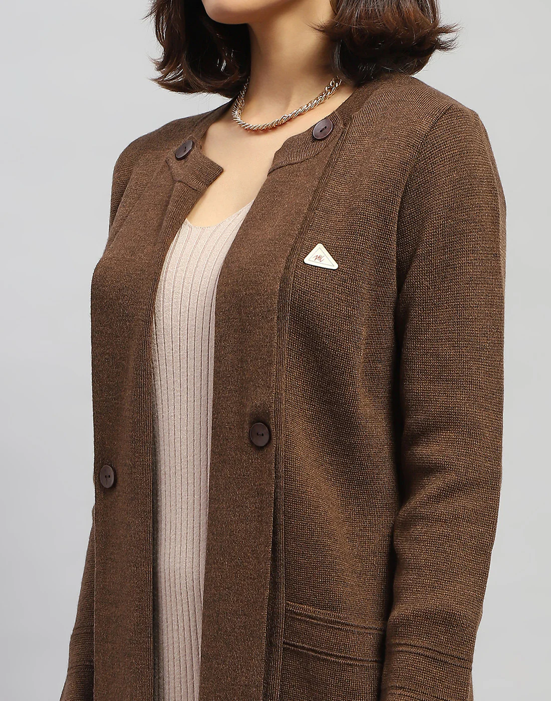 Women Brown Self Design Round Neck Full Sleeve Cardigan - Image 7