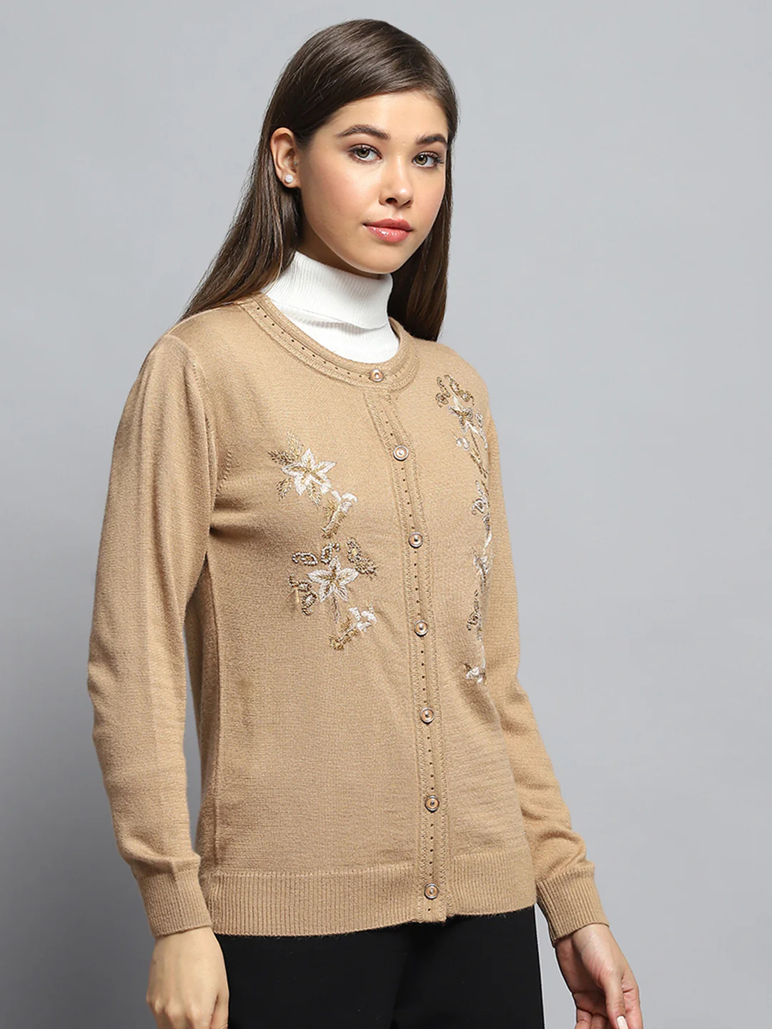 Women Brown Self Design Round Neck Full Sleeve Cardigan - Image 4