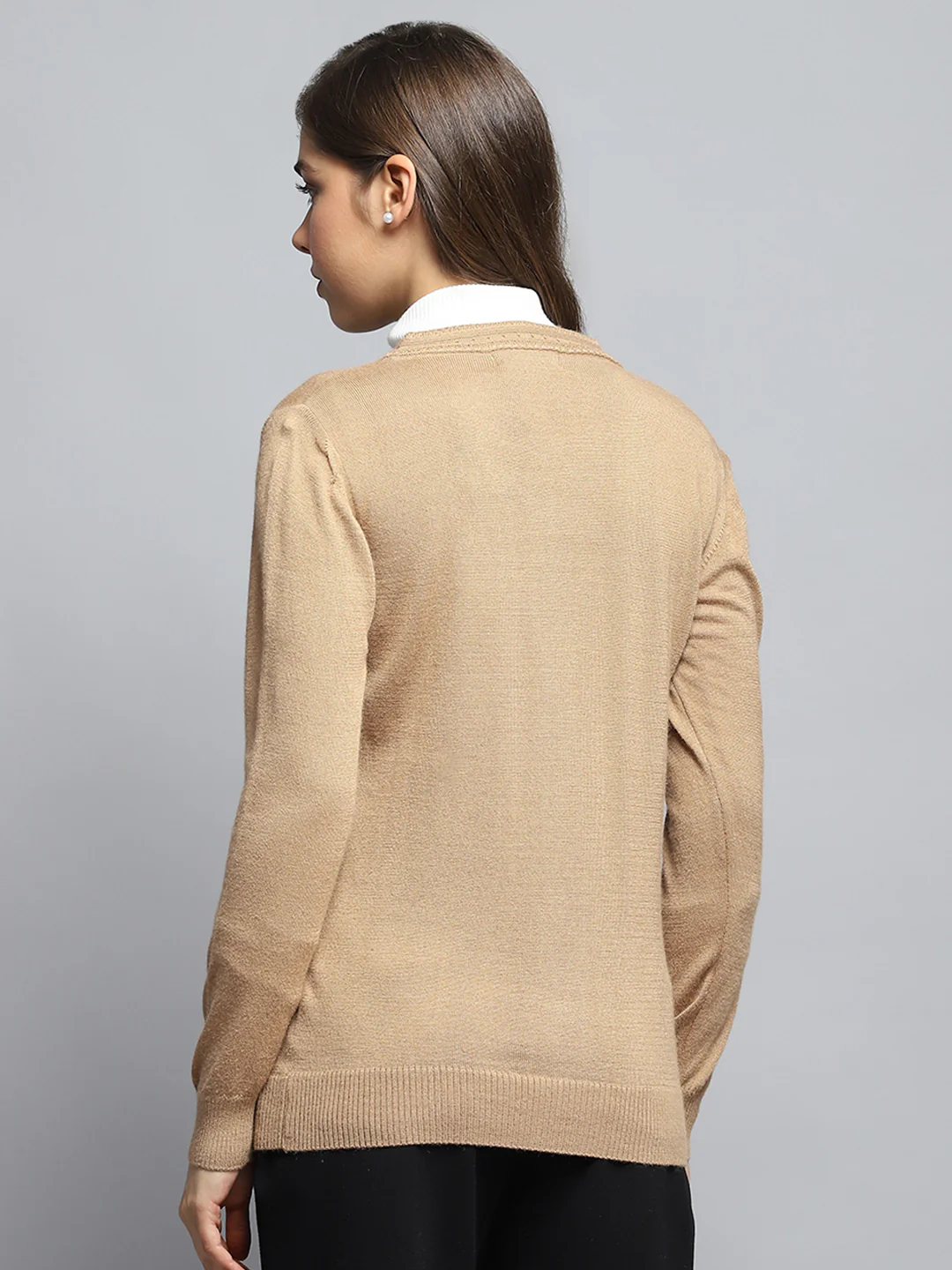 Women Brown Self Design Round Neck Full Sleeve Cardigan - Image 5