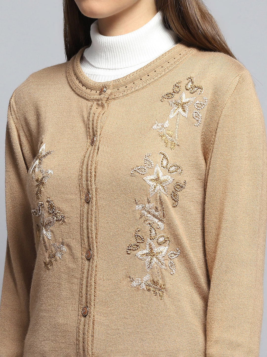 Women Brown Self Design Round Neck Full Sleeve Cardigan - Image 6