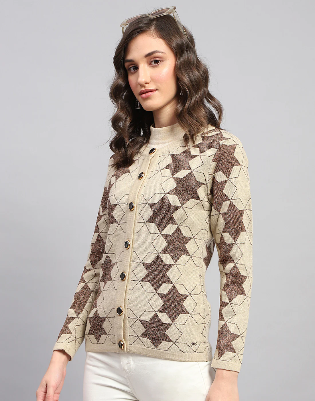 Women Brown Self Design Round Neck Full Sleeve Cardigan - Image 3