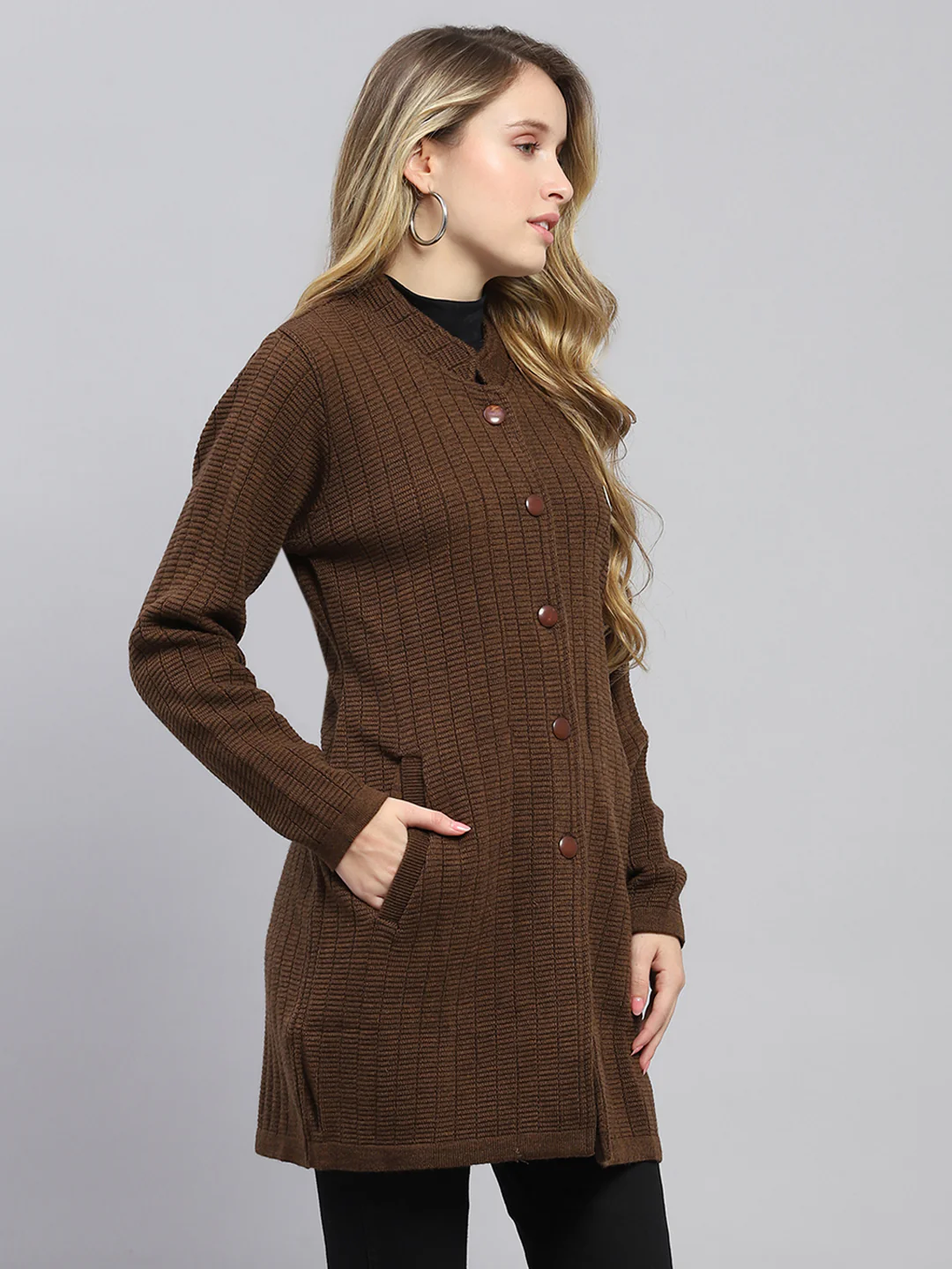 Women Brown Self Design Round Neck Full Sleeve Knitted Coat - Image 4