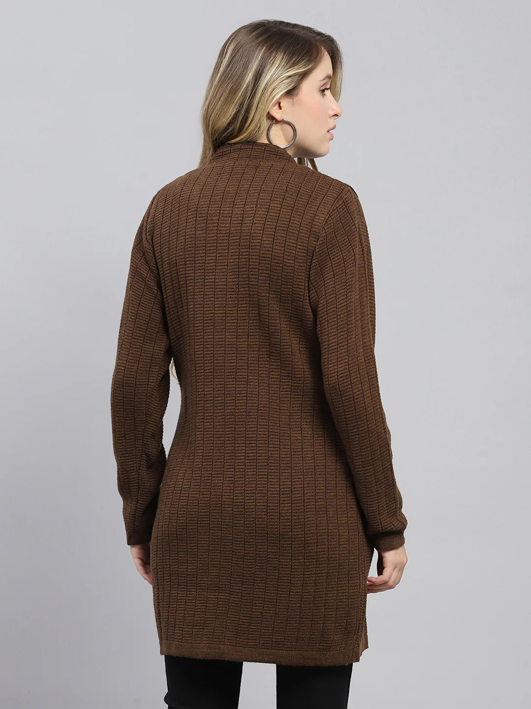 Women Brown Self Design Round Neck Full Sleeve Knitted Coat - Image 5