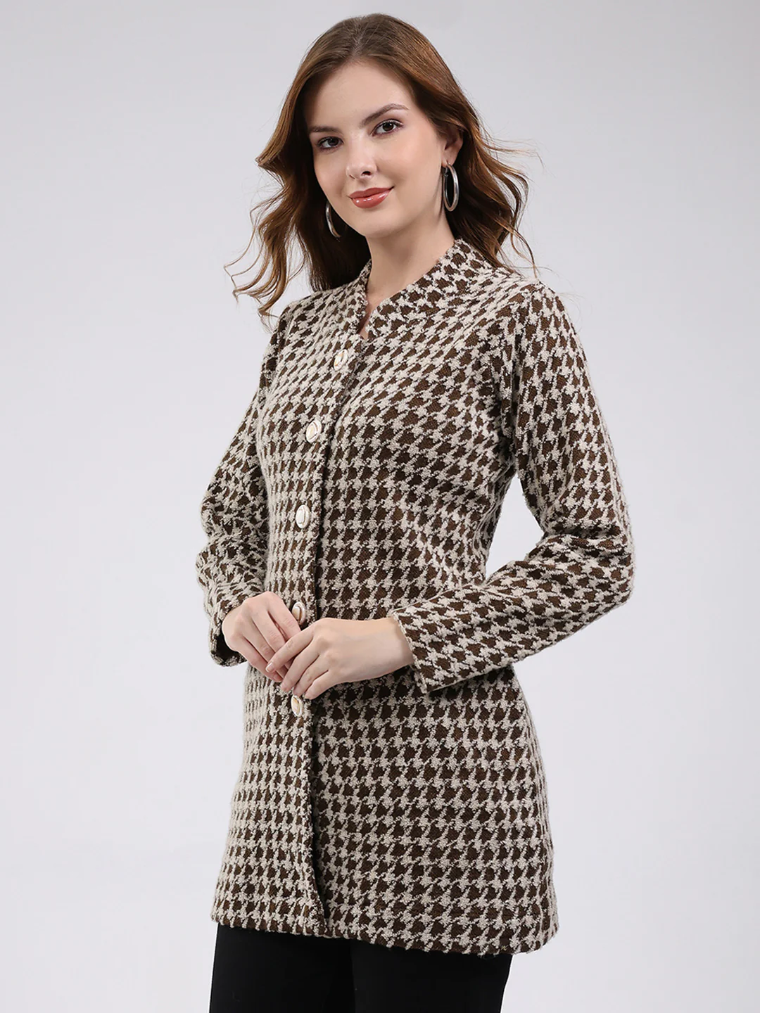 Women Brown Self Design Round Neck Full Sleeve Knitted Coat - Image 3