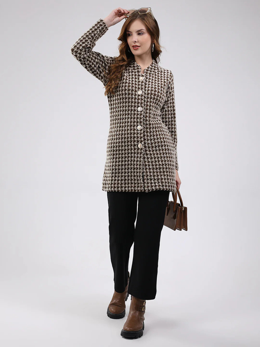 Women Brown Self Design Round Neck Full Sleeve Knitted Coat - Image 6