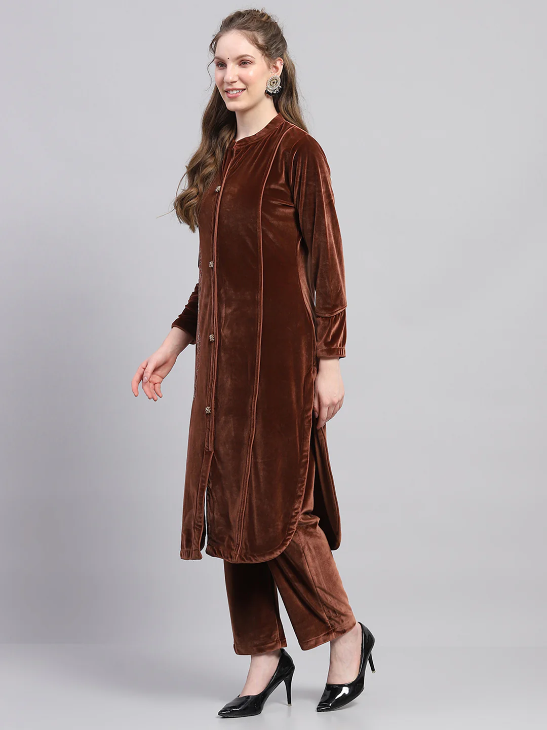 Women Brown Self Design Round Neck Full Sleeve Kurti Set - Image 2