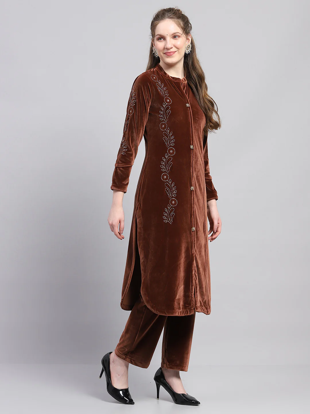 Women Brown Self Design Round Neck Full Sleeve Kurti Set - Image 5