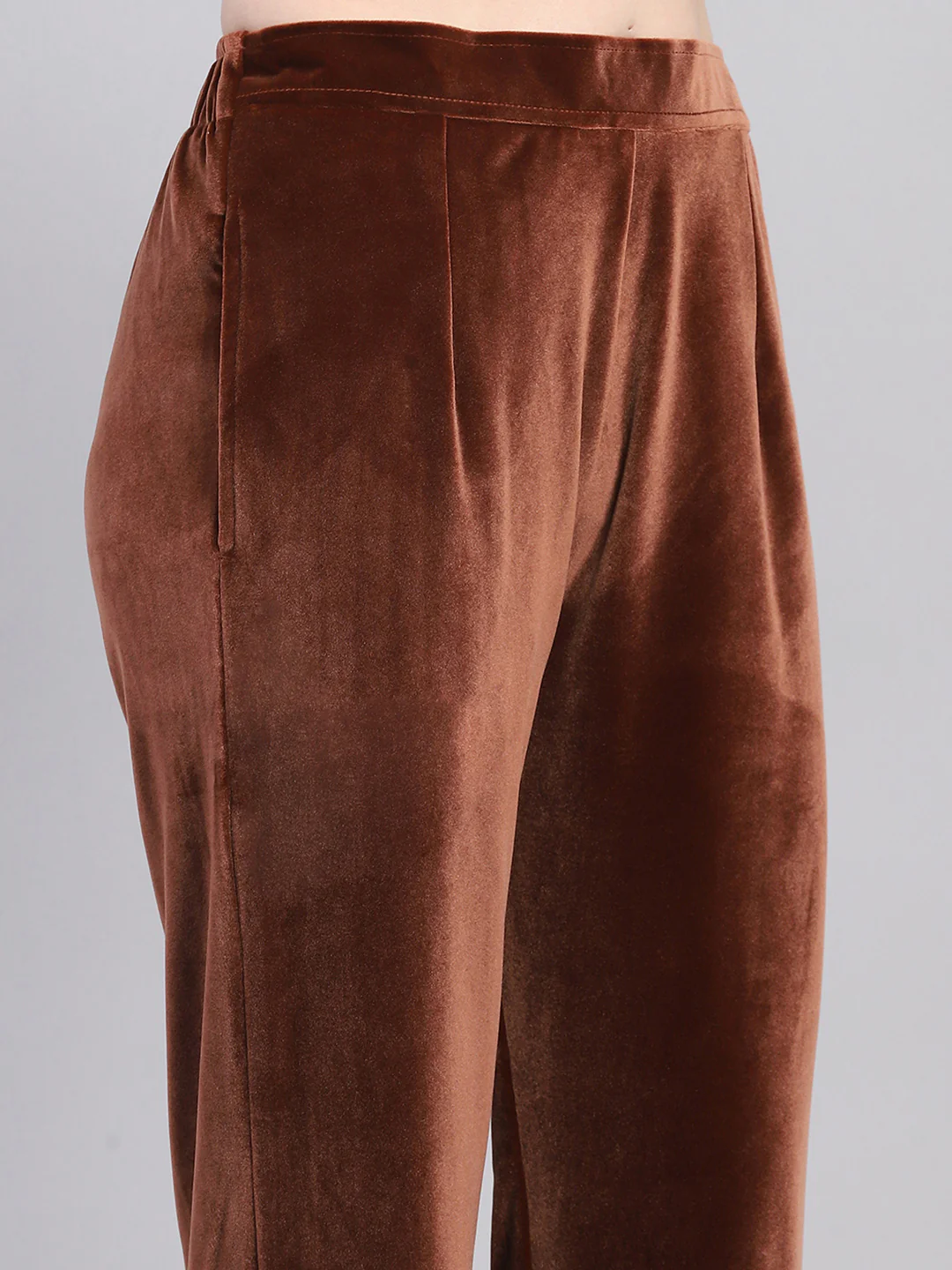 Women Brown Self Design Round Neck Full Sleeve Kurti Set - Image 8