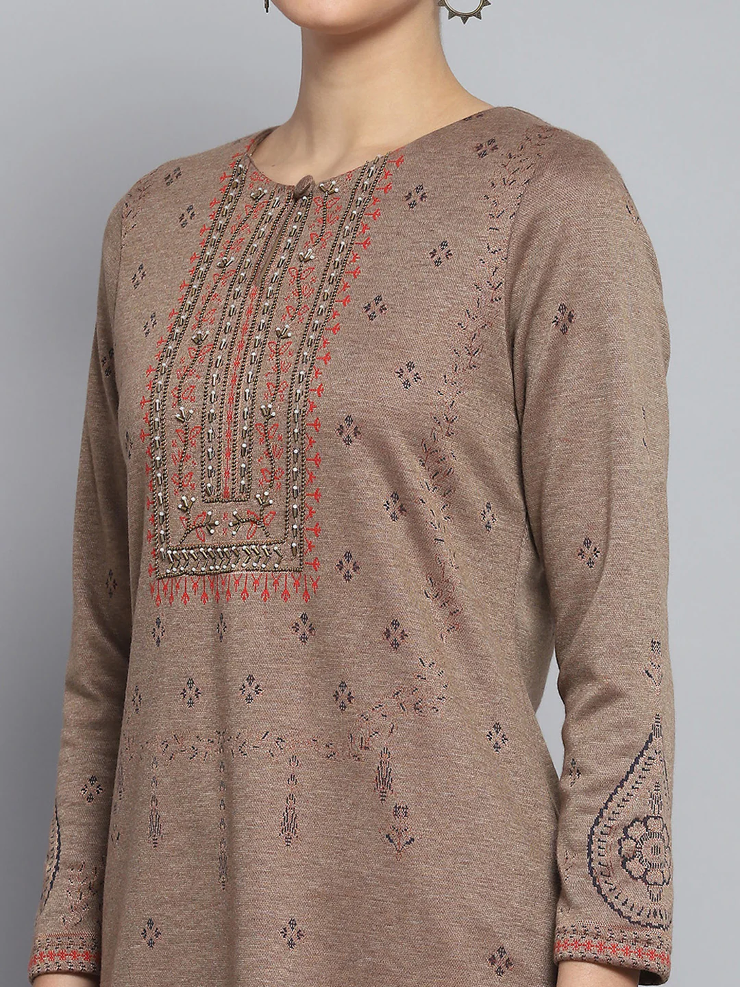 Women Brown Self Design Round Neck Full Sleeve Kurti Set for Winter - Image 7