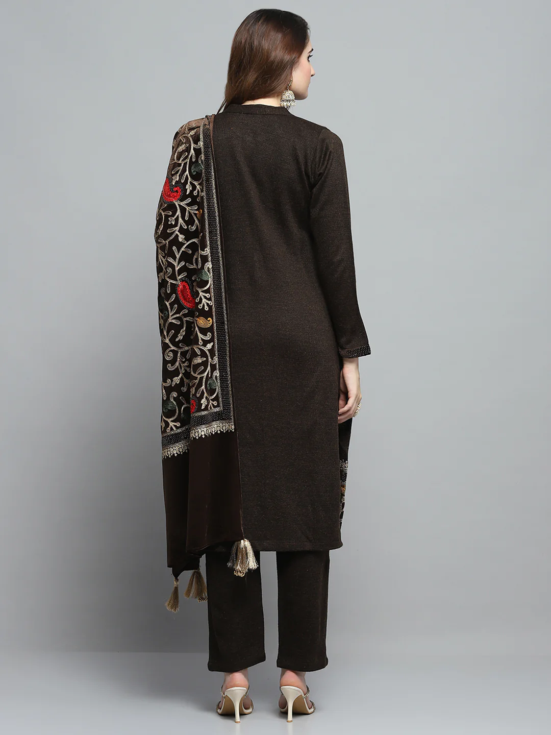 Women Brown Self Design Round Neck Full Sleeve Kurti Set & Stole - Image 5