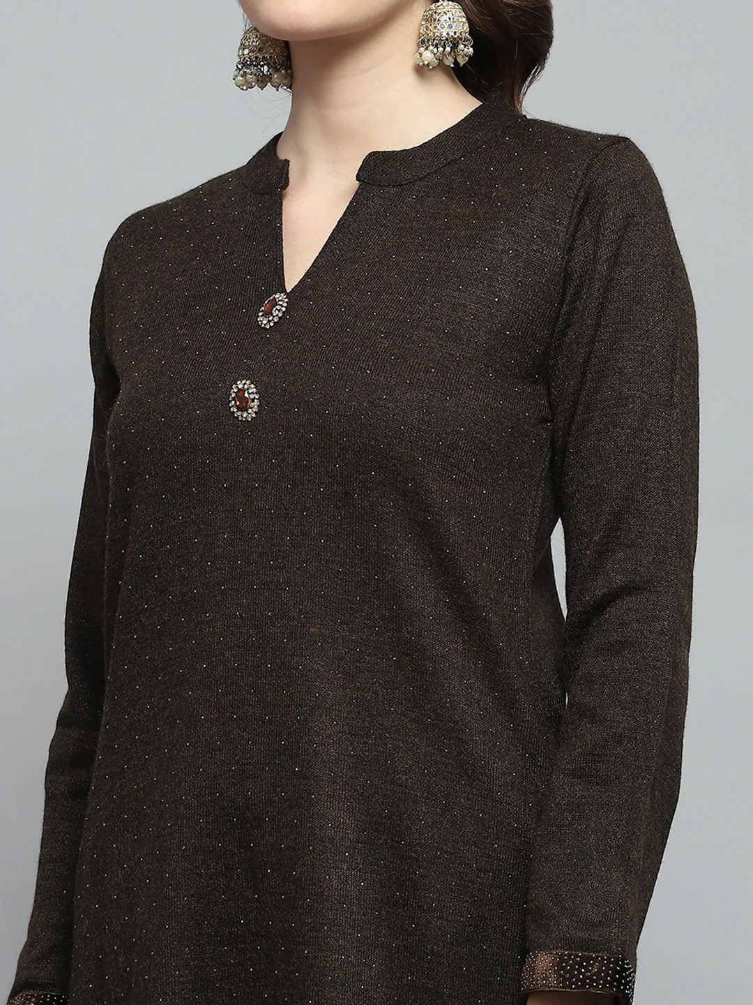 Women Brown Self Design Round Neck Full Sleeve Kurti Set & Stole - Image 7