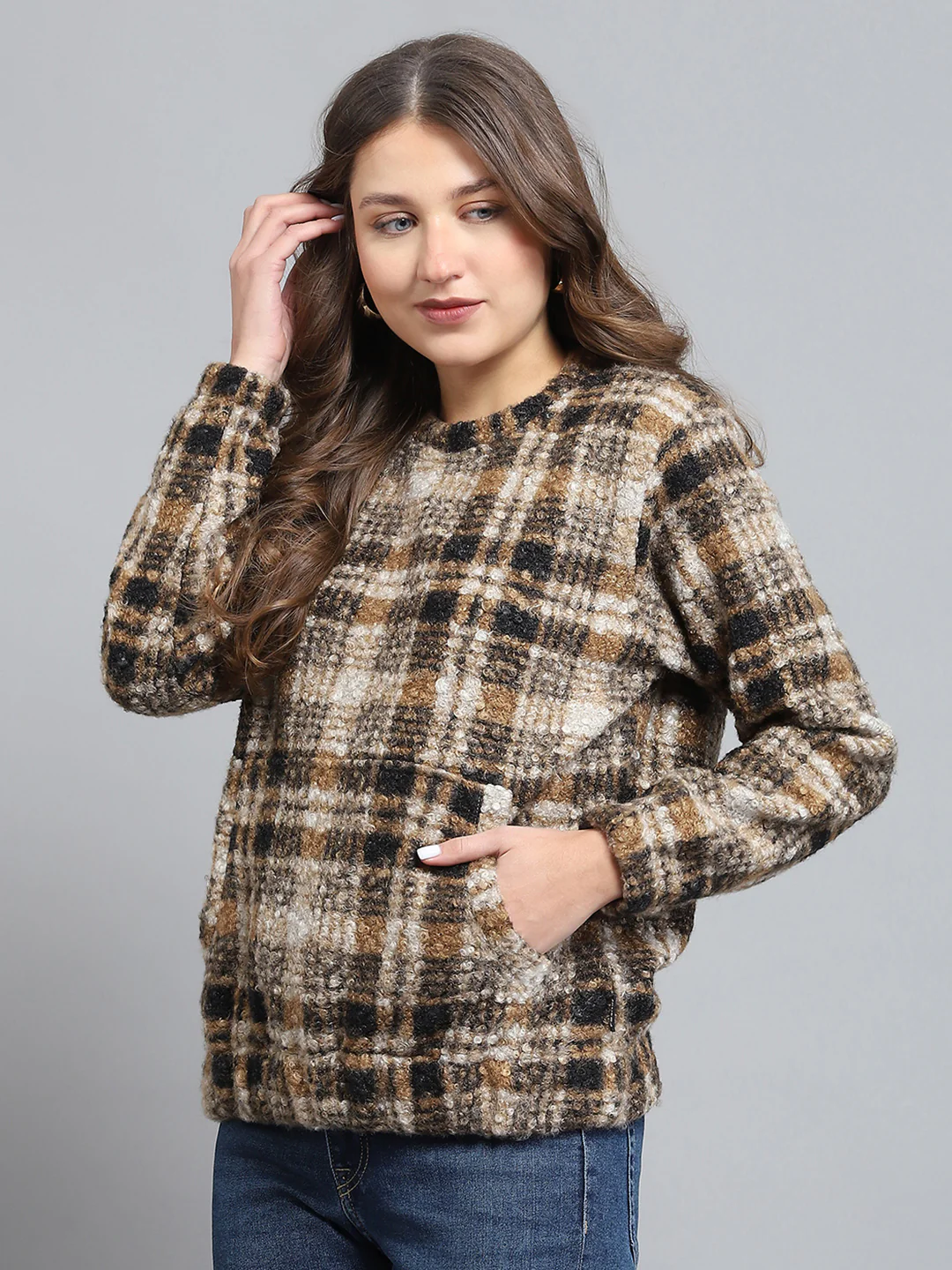 Rock.it Women Brown Self Design Round Neck Full Sleeve Sweatshirt - Image 3