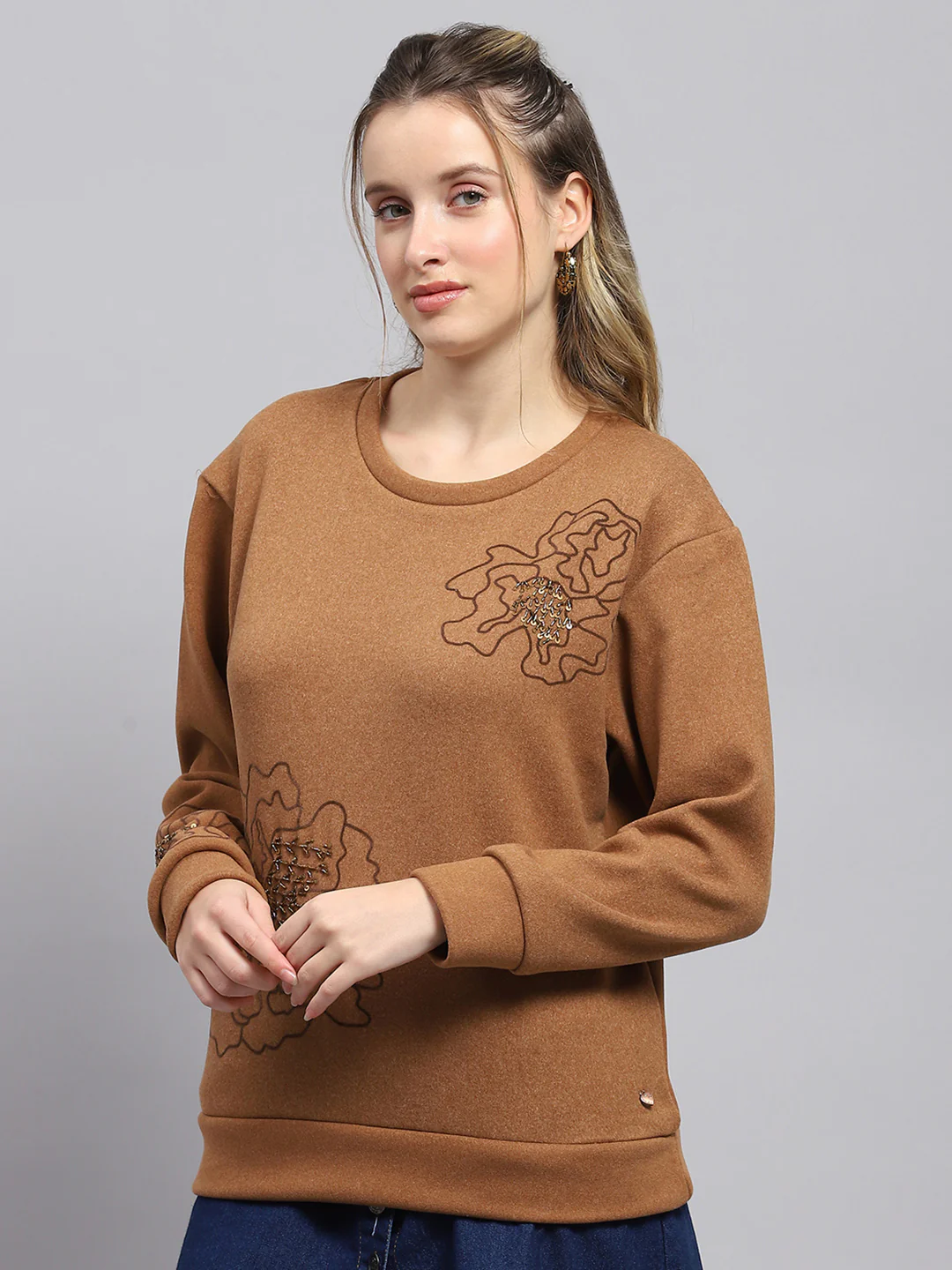 Women Brown Self Design Round Neck Full Sleeve Sweatshirt - Image 3
