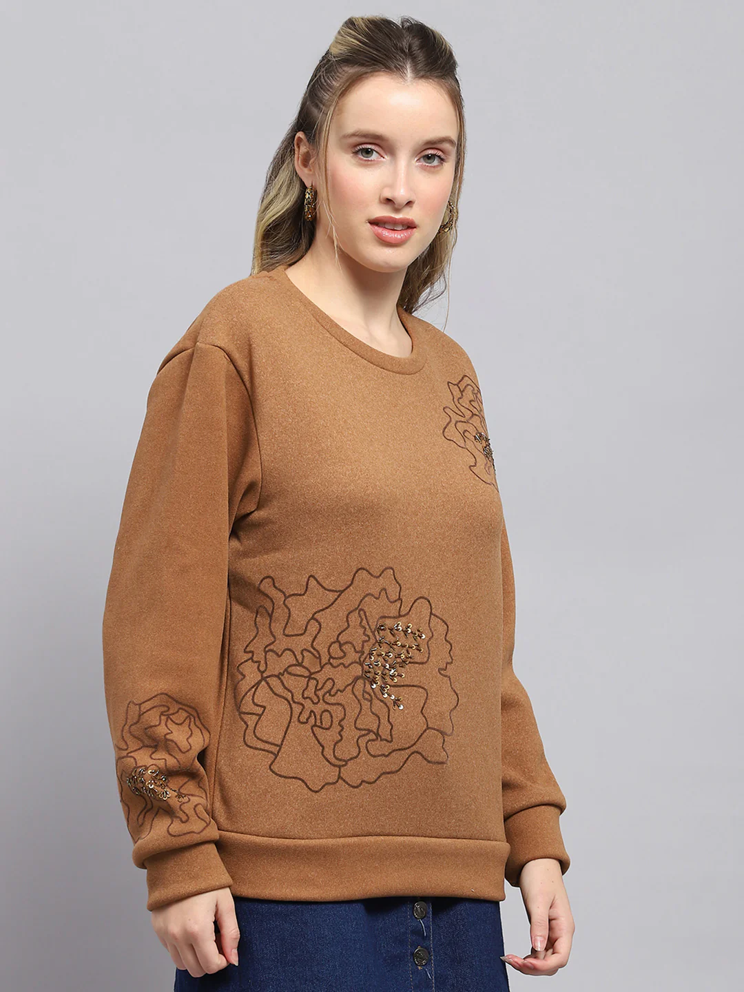 Women Brown Self Design Round Neck Full Sleeve Sweatshirt - Image 4