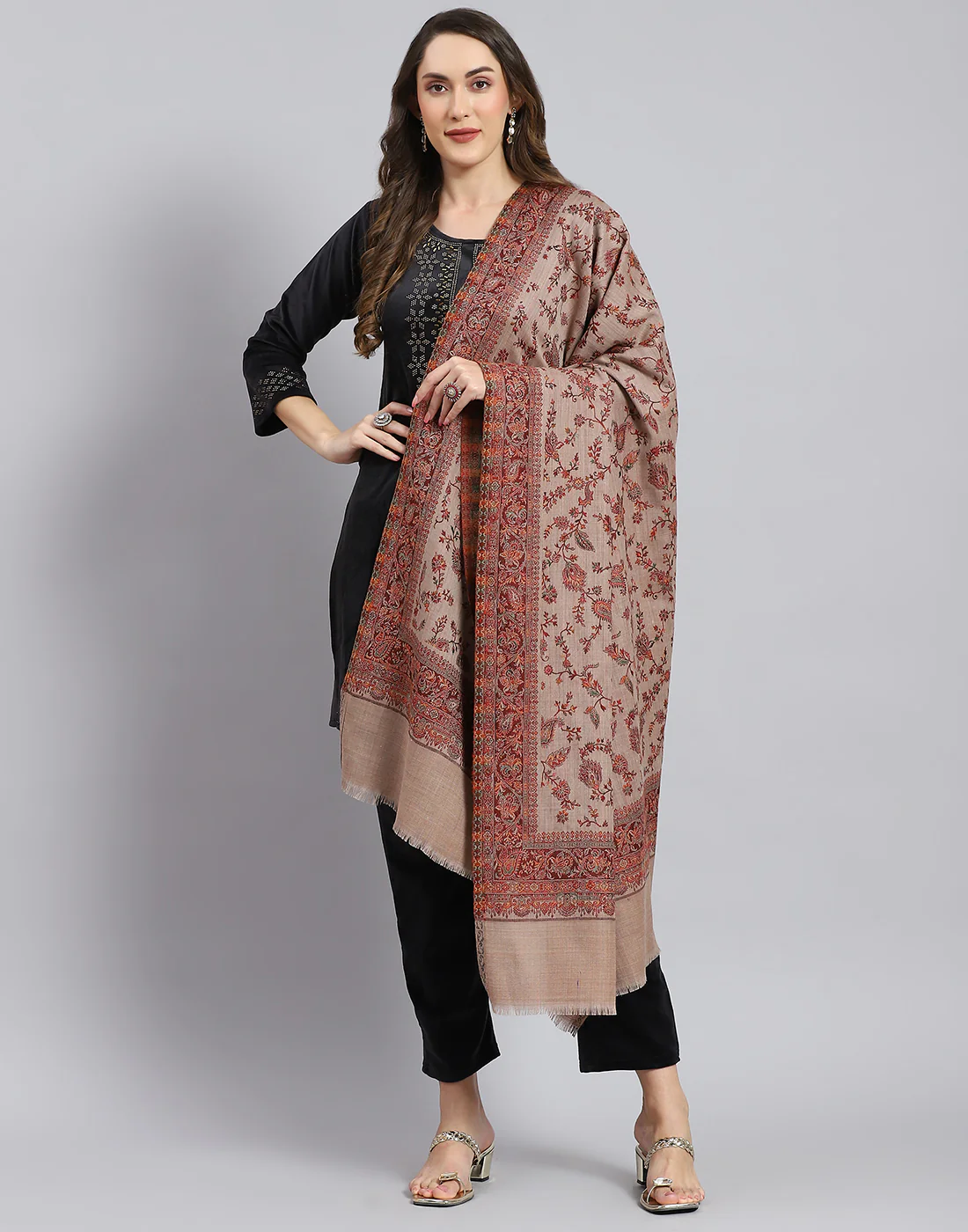 Women Brown Self Design Shawl - Image 2