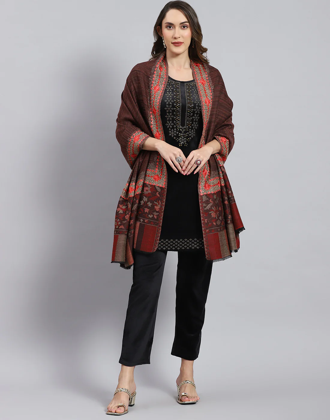 Women Brown Self Design Shawl - Image 3