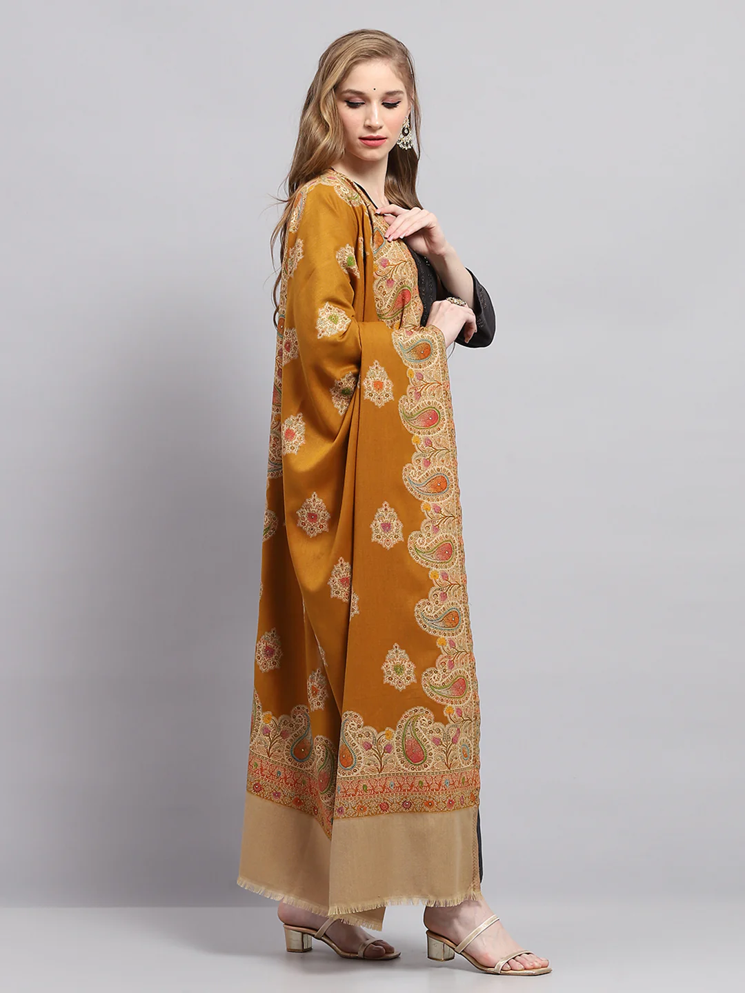 Women Brown Self Design Shawl - Image 4
