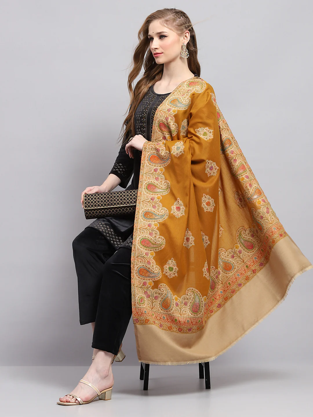 Women Brown Self Design Shawl - Image 5