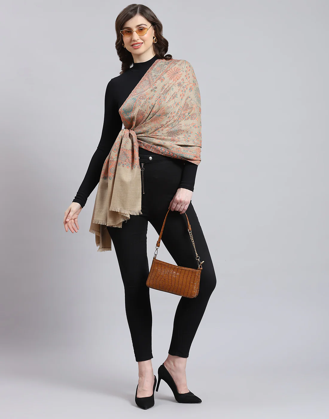 Women Brown Self Design Stole - Image 2