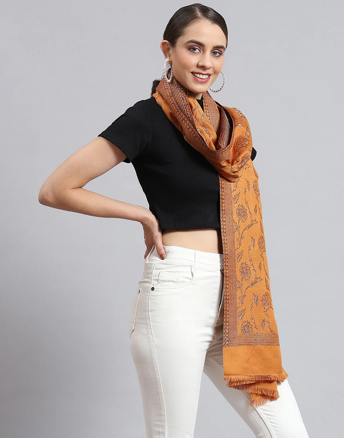 Women Brown Self Design Stole - Image 5