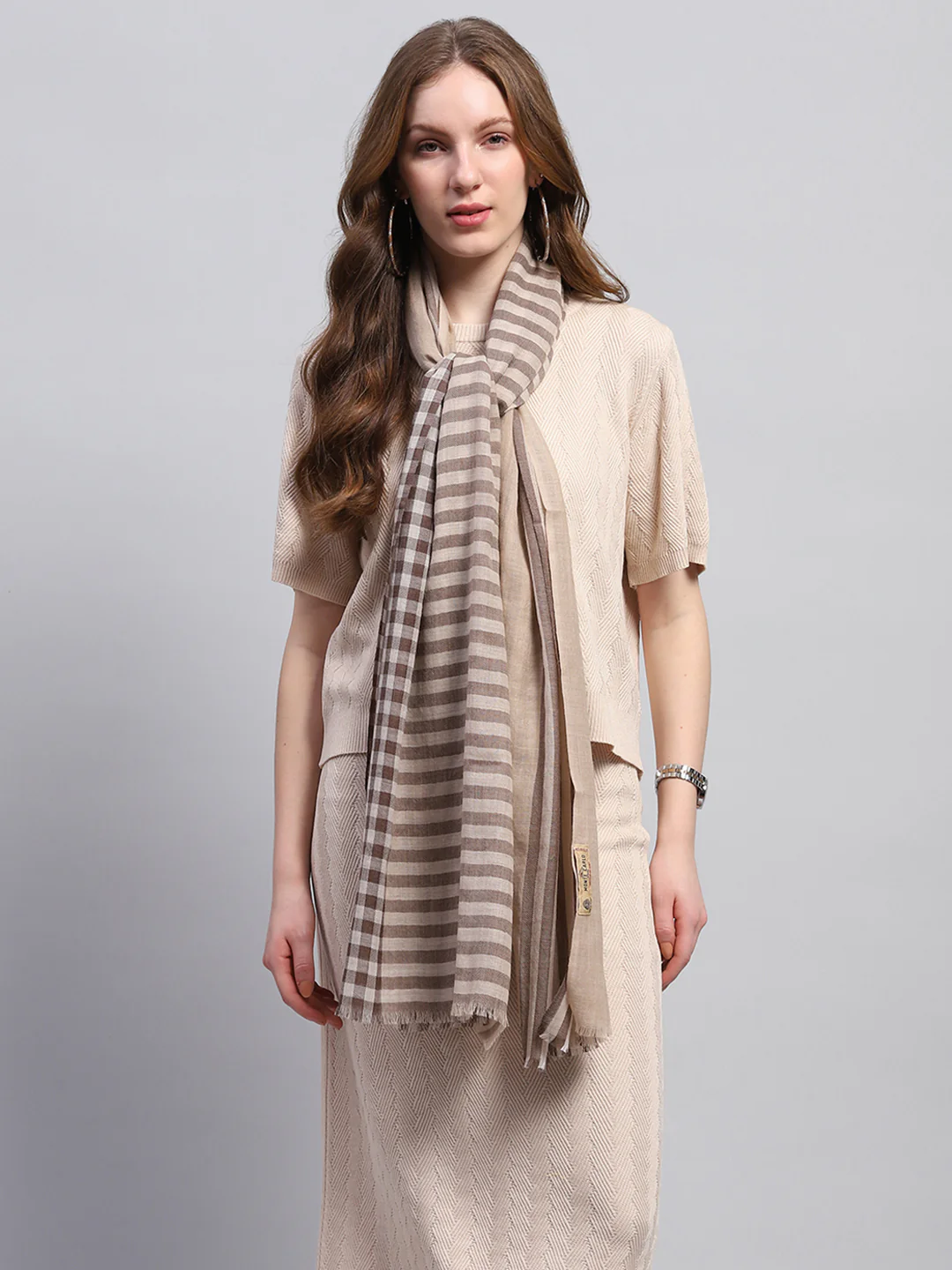 Women Brown Self Design Stole - Image 3