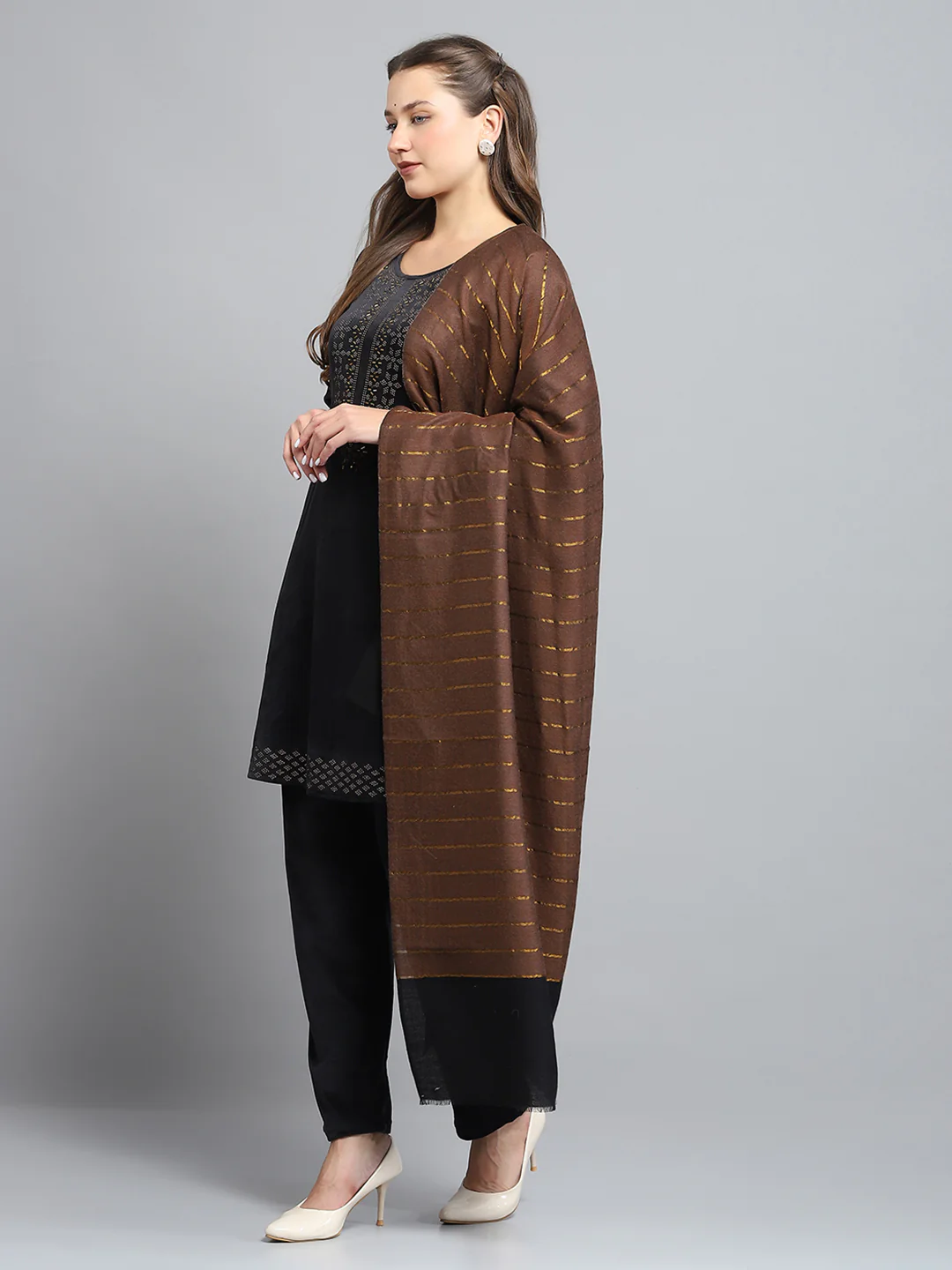 Women Brown Self Design Stole - Image 3
