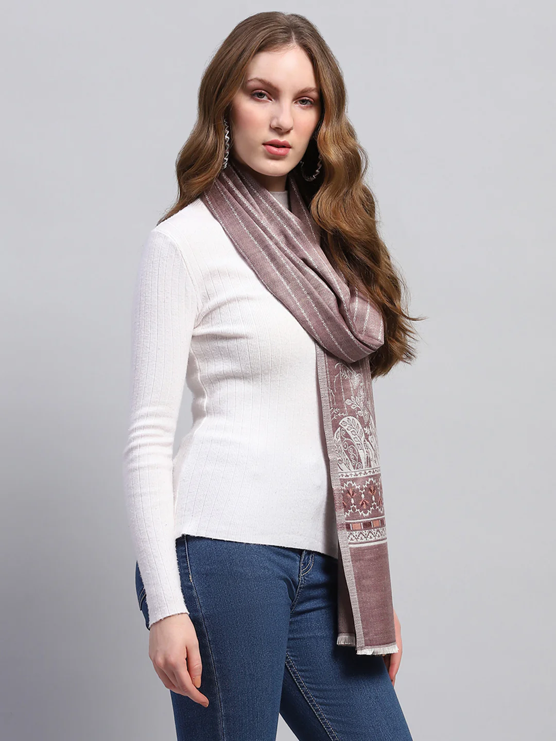 Women Brown Self Design Stole - Image 5