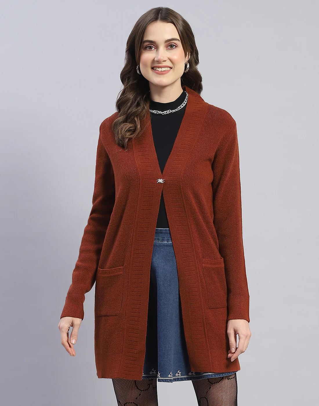 Women Brown Self Design V Neck Full Sleeve Cardigan - Image 2