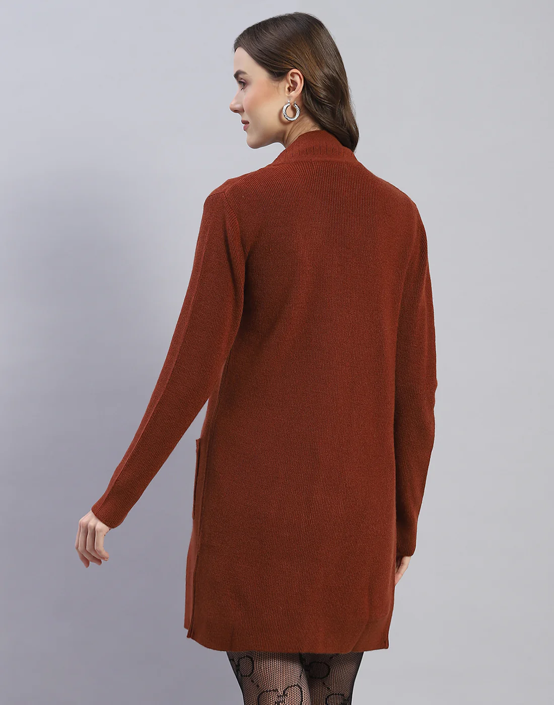 Women Brown Self Design V Neck Full Sleeve Cardigan - Image 5