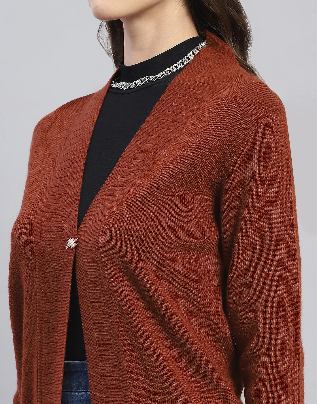 Women Brown Self Design V Neck Full Sleeve Cardigan - Image 7