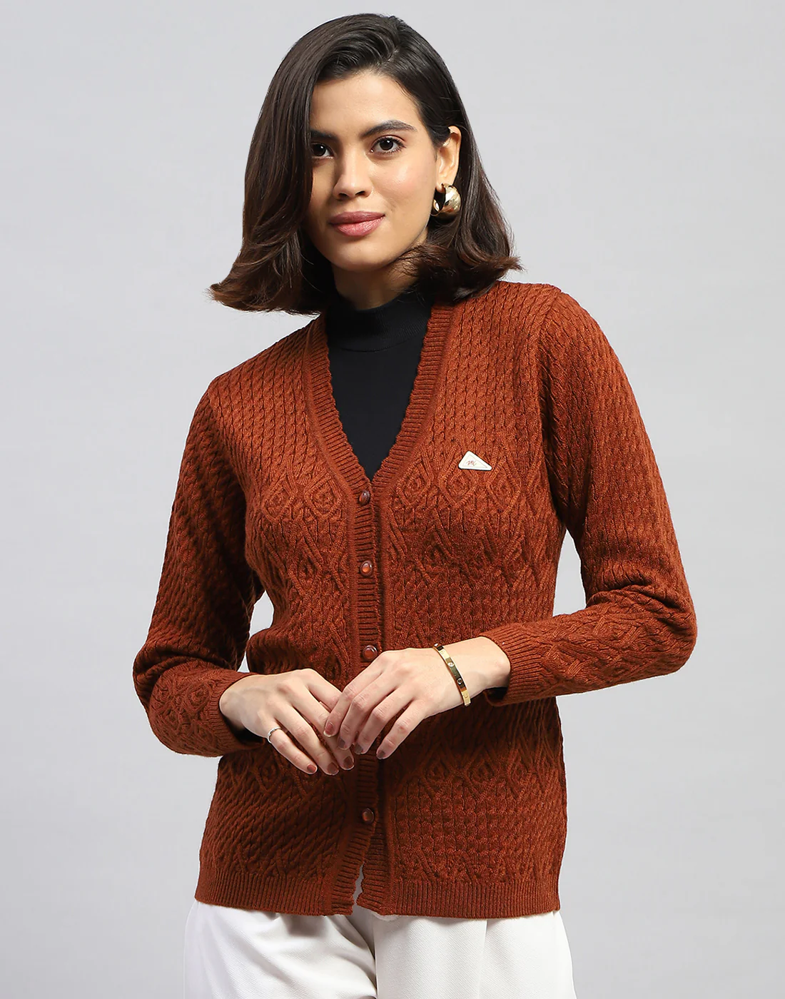 Women Brown Self Design V Neck Full Sleeve Cardigan - Image 2