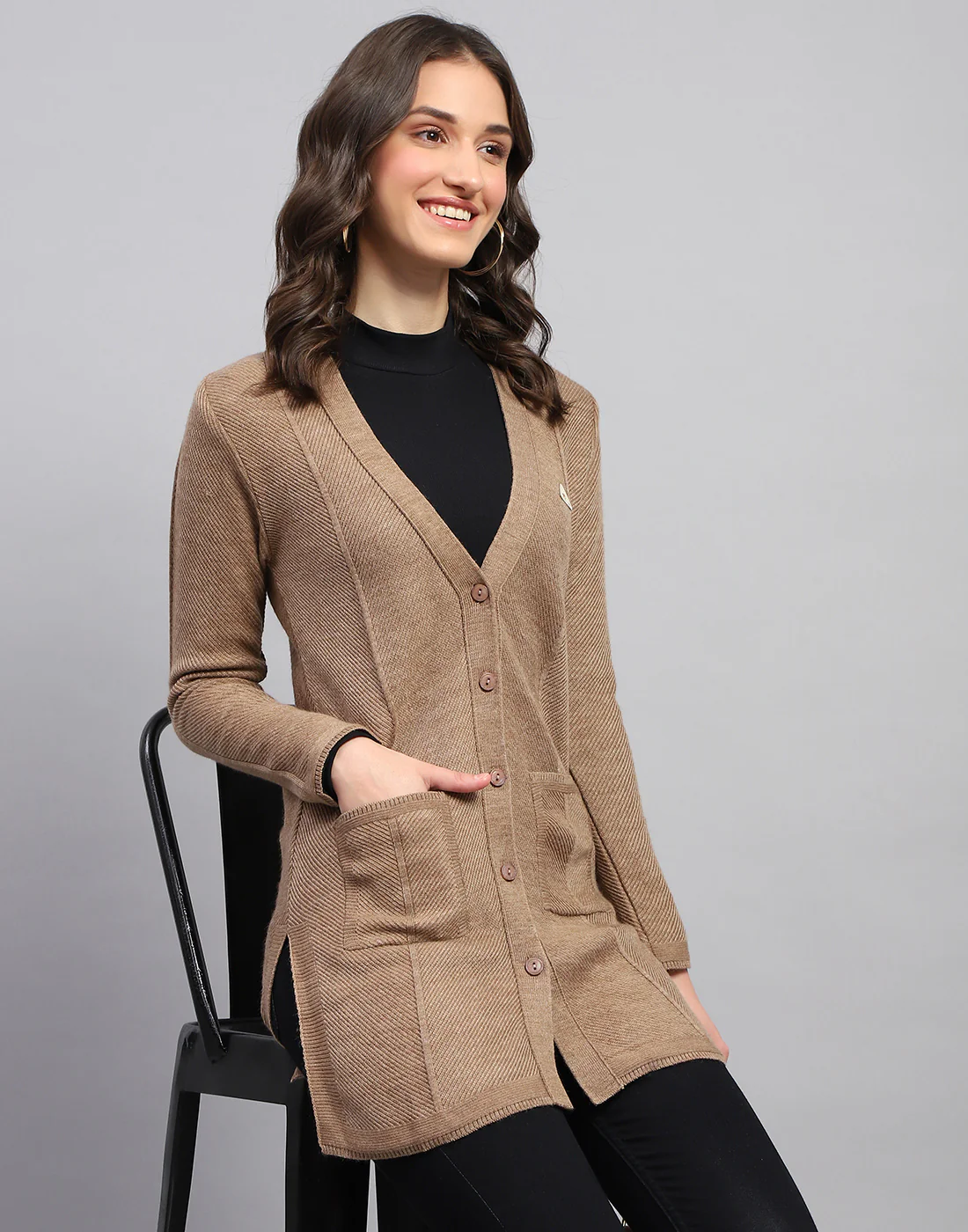 Women Brown Self Design V Neck Full Sleeve Cardigan - Image 2