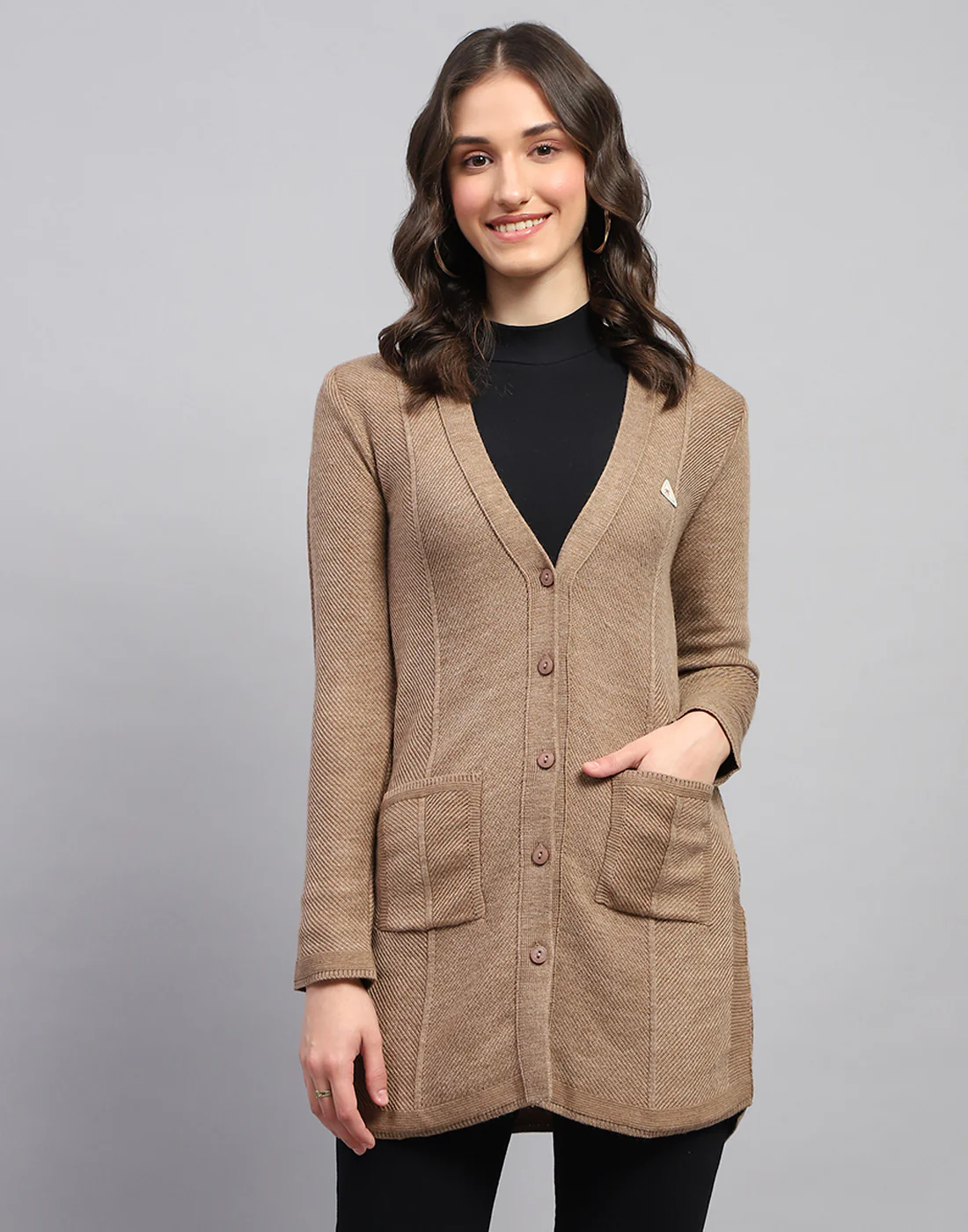 Women Brown Self Design V Neck Full Sleeve Cardigan - Image 3