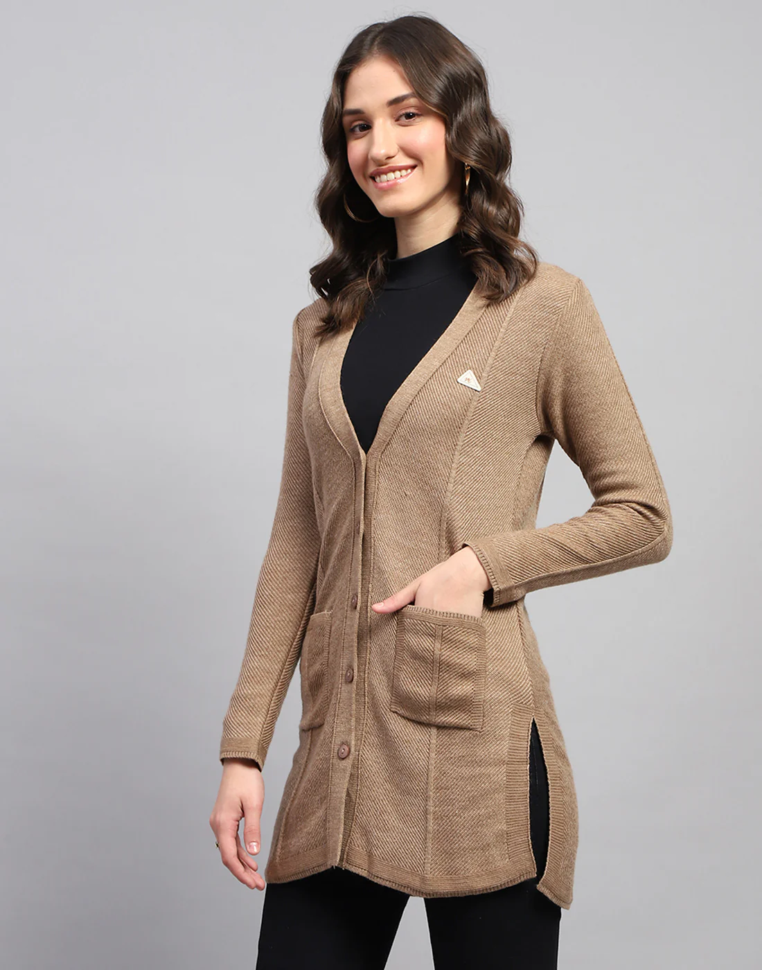 Women Brown Self Design V Neck Full Sleeve Cardigan - Image 4