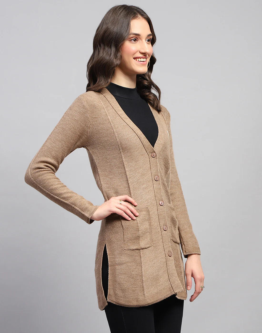 Women Brown Self Design V Neck Full Sleeve Cardigan - Image 5