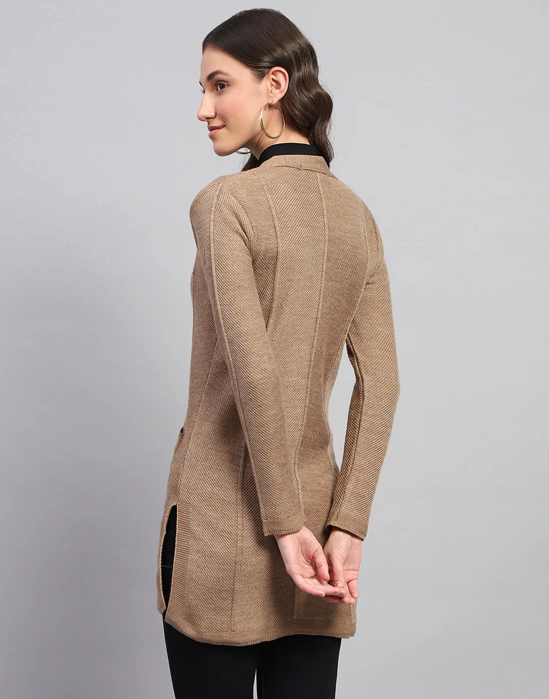 Women Brown Self Design V Neck Full Sleeve Cardigan - Image 6