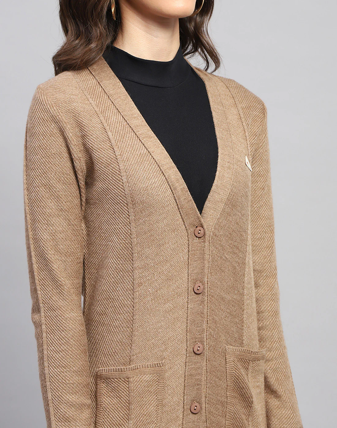 Women Brown Self Design V Neck Full Sleeve Cardigan - Image 7