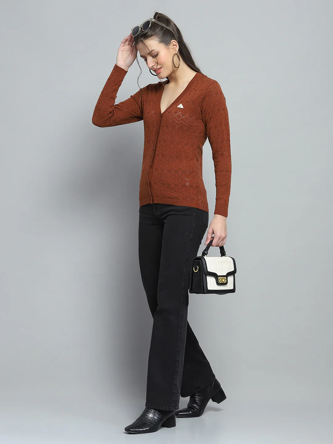 Women Brown Self Design V Neck Full Sleeve Cardigan - Image 2