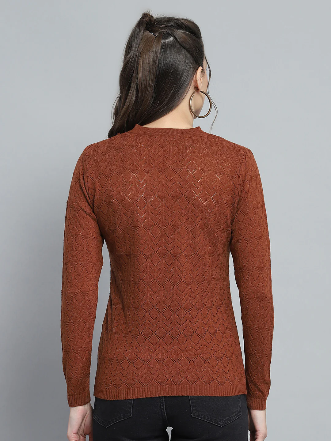 Women Brown Self Design V Neck Full Sleeve Cardigan - Image 5