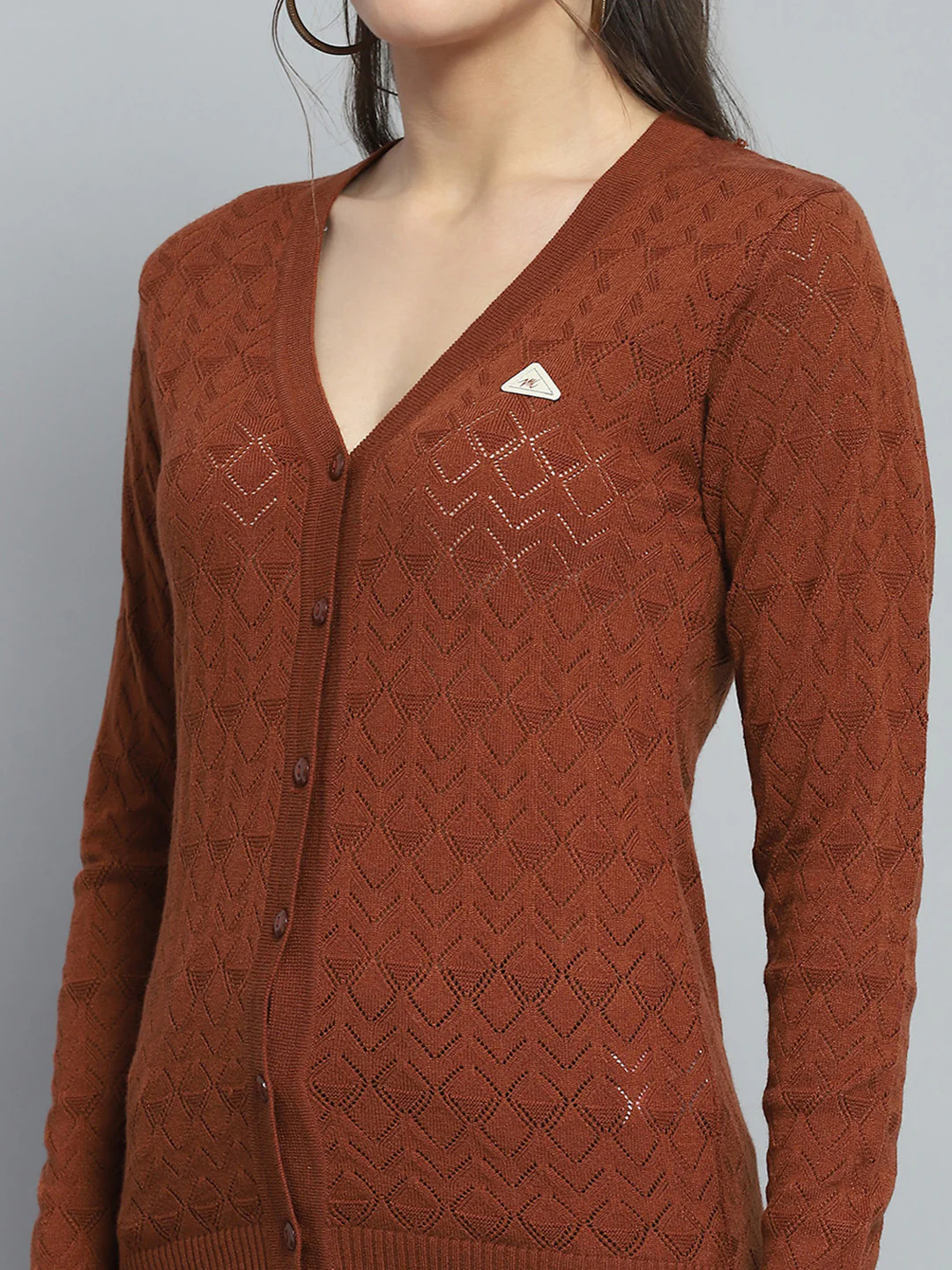 Women Brown Self Design V Neck Full Sleeve Cardigan - Image 6