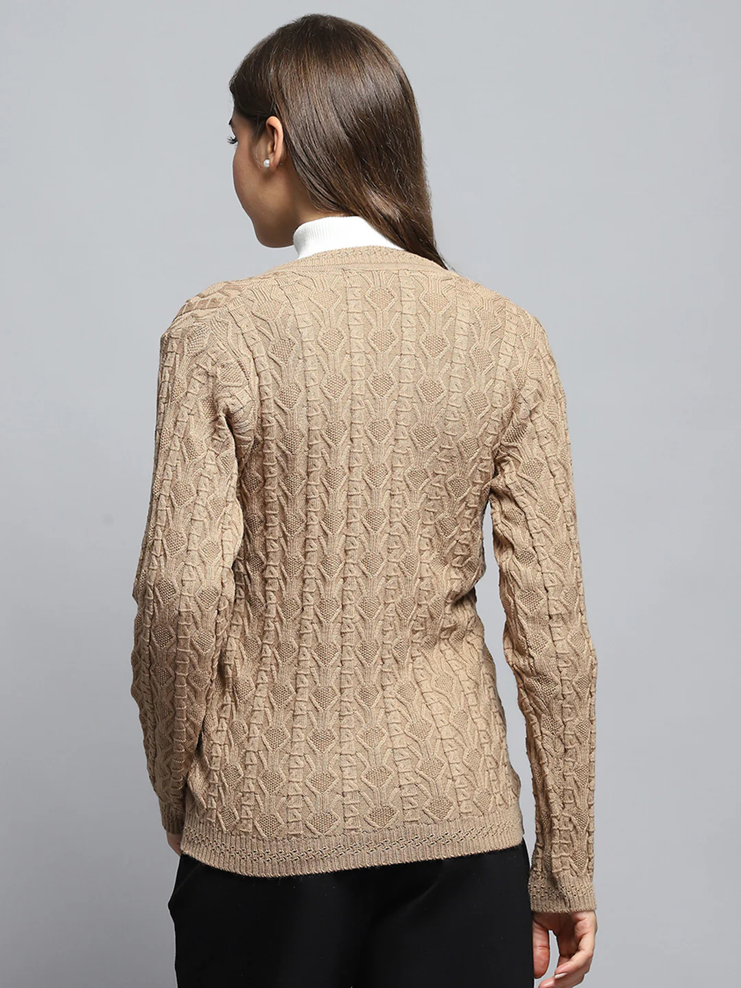Women Brown Self Design V Neck Full Sleeve Cardigan - Image 5