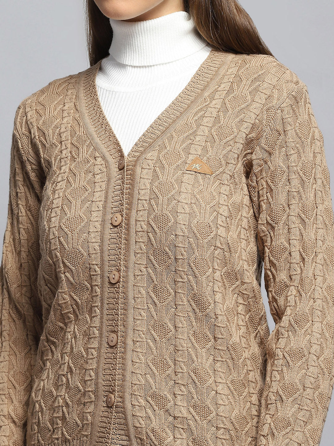 Women Brown Self Design V Neck Full Sleeve Cardigan - Image 6