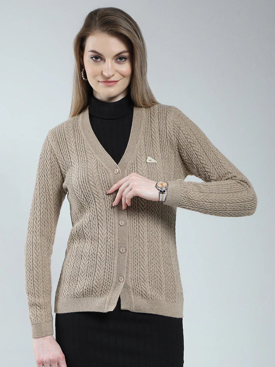Women Brown Self Design V Neck Full Sleeve Cardigan