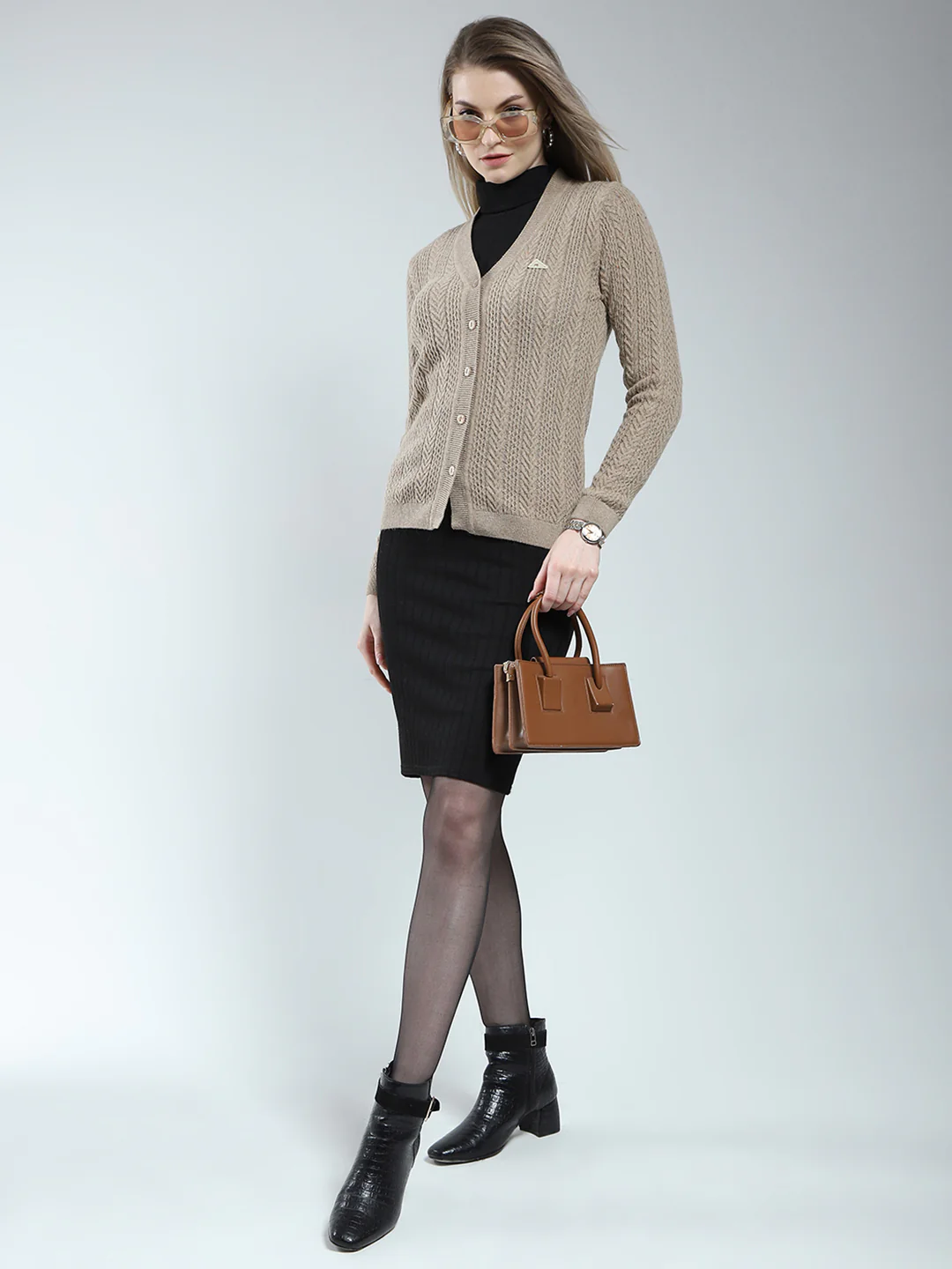 Women Brown Self Design V Neck Full Sleeve Cardigan - Image 2