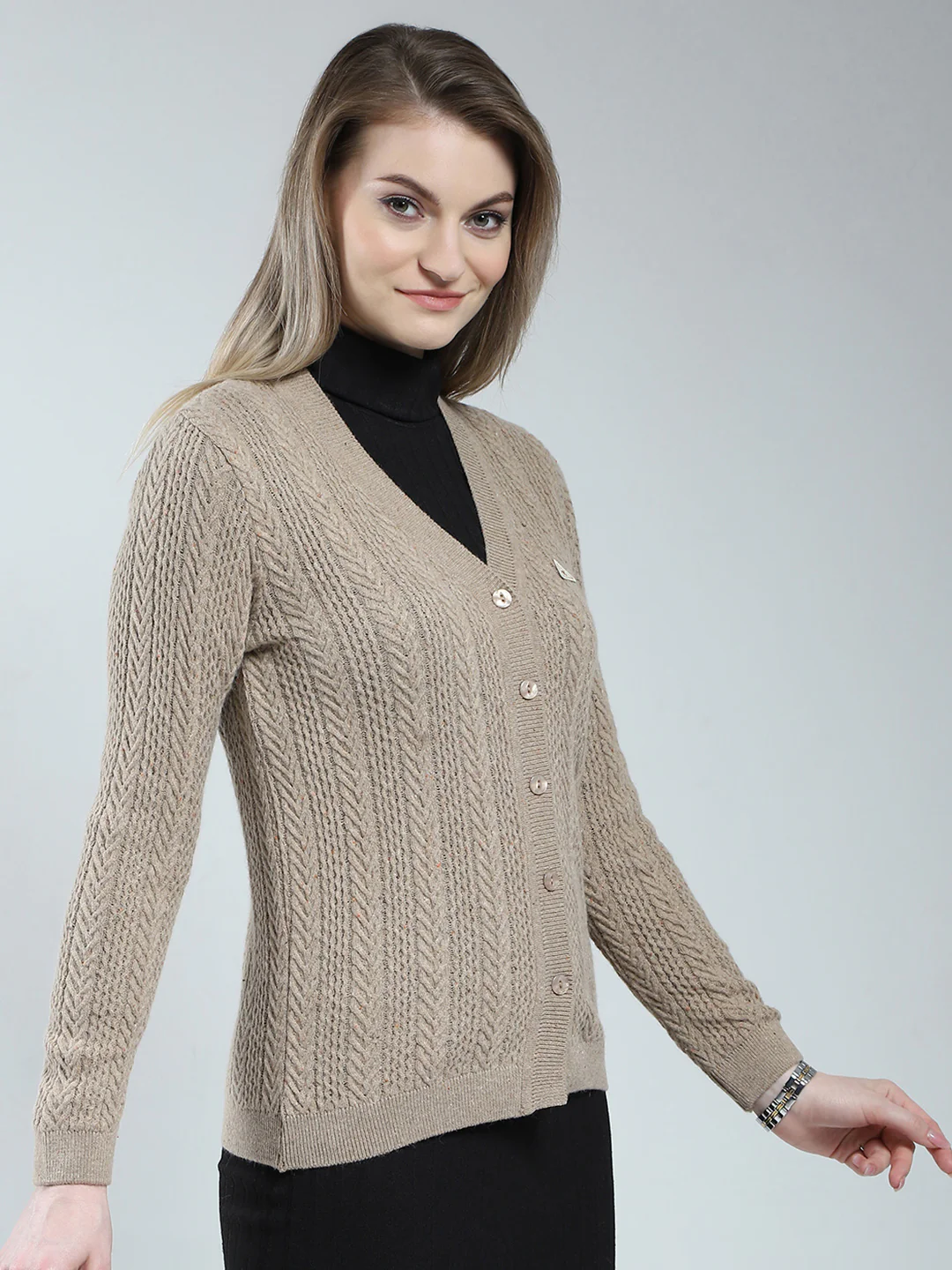 Women Brown Self Design V Neck Full Sleeve Cardigan - Image 4