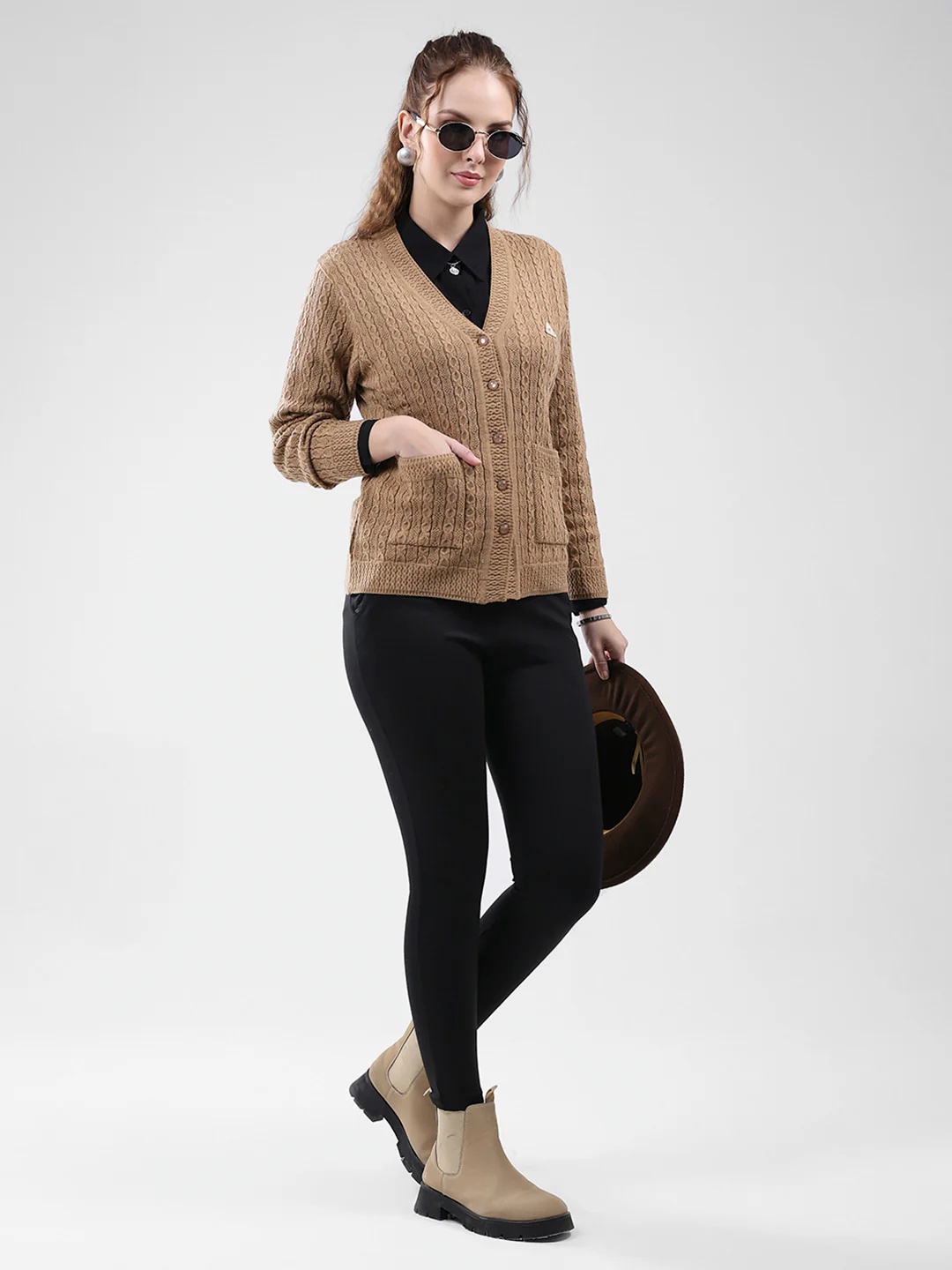 Women Brown Self Design V Neck Full Sleeve Cardigan - Image 2