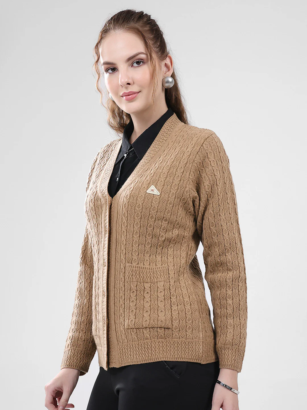 Women Brown Self Design V Neck Full Sleeve Cardigan - Image 3