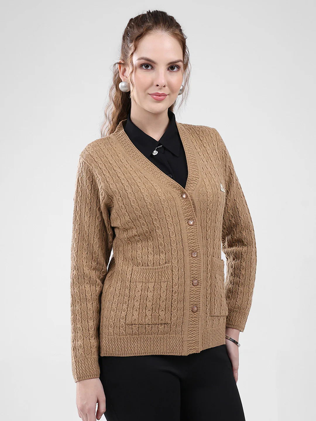 Women Brown Self Design V Neck Full Sleeve Cardigan - Image 4