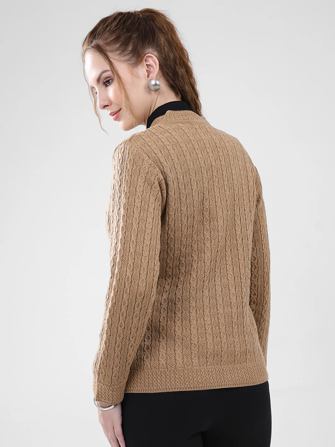 Women Brown Self Design V Neck Full Sleeve Cardigan - Image 5